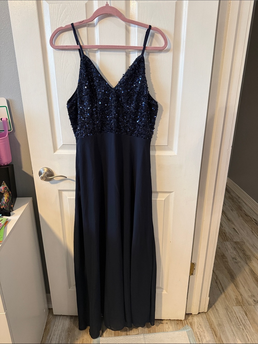 Navy Sequin V-Neck Spaghetti Strap Maxi Dress